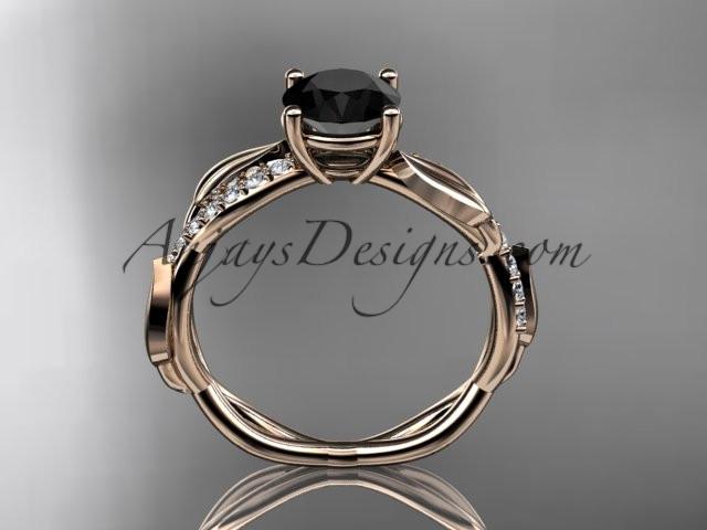 14kt rose gold leaf diamond wedding ring, engagement ring with a Black Diamond center stone ADLR385 - AnjaysDesigns