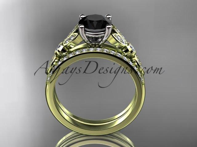 14k yellow gold unique engagement set, wedding ring with a Black Diamond center stone ADLR387S - AnjaysDesigns