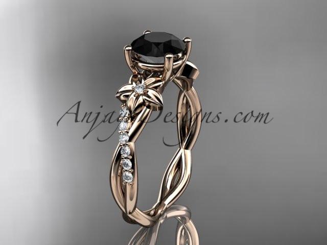 14kt rose gold flower diamond wedding ring, engagement ring with a Black Diamond center stone ADLR388 - AnjaysDesigns