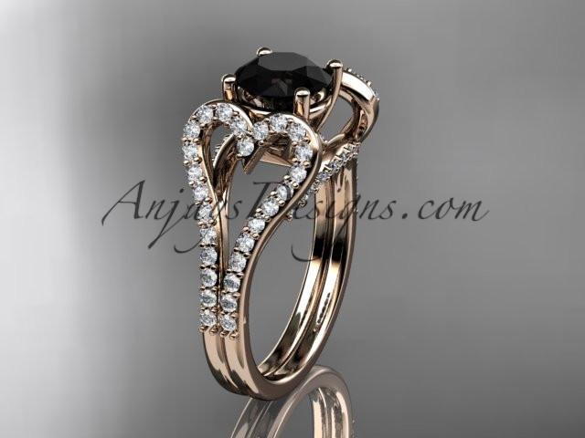 14kt rose gold heart engagement ring, wedding ring  with a Black Diamond center stone ADER395 - AnjaysDesigns