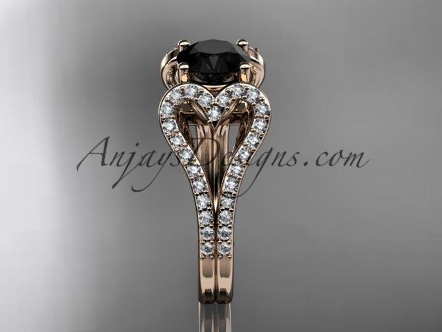 14kt rose gold heart engagement ring, wedding ring  with a Black Diamond center stone ADER395 - AnjaysDesigns