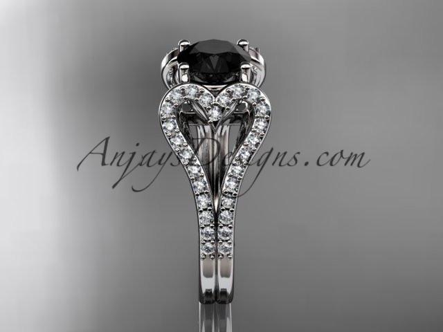 platinum heart engagement ring, wedding ring  with a Black Diamond center stone ADER395 - AnjaysDesigns
