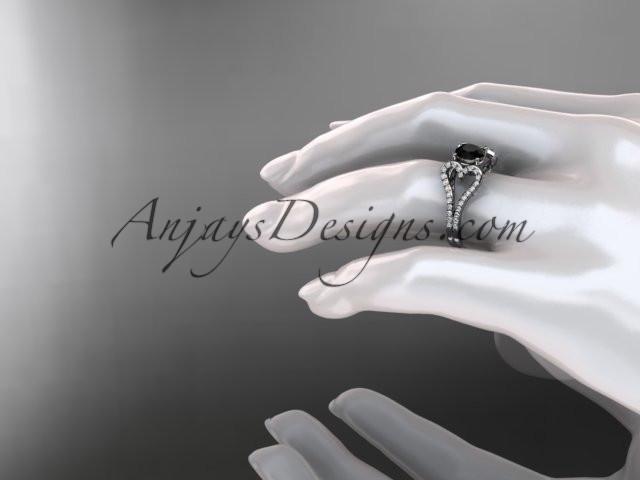 platinum heart engagement ring, wedding ring  with a Black Diamond center stone ADER395 - AnjaysDesigns