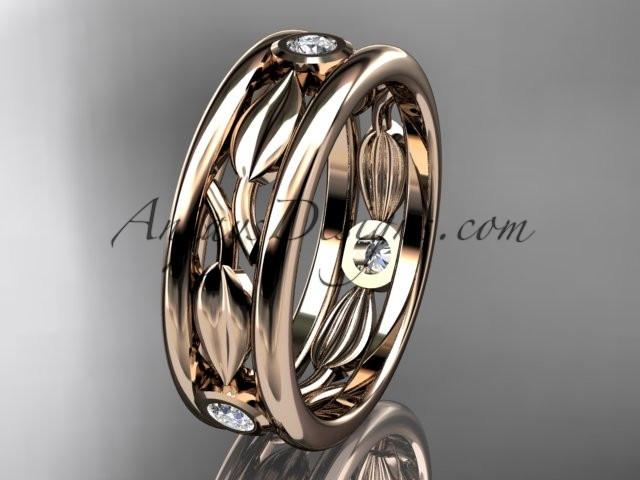 14kt rose gold diamond leaf wedding band, engagement ring ADLR401B - AnjaysDesigns