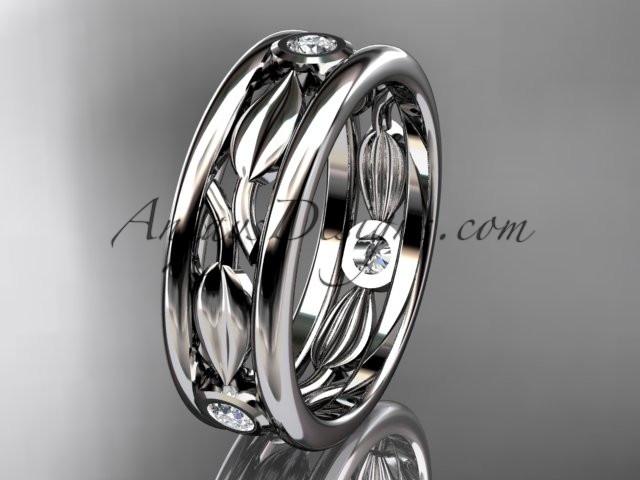 platinum diamond leaf wedding band, engagement ring ADLR401B - AnjaysDesigns