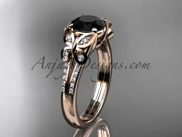 14kt rose gold diamond unique engagement ring, butterfly ring, wedding ring with a Black Diamond center stone ADLR514 - AnjaysDesigns