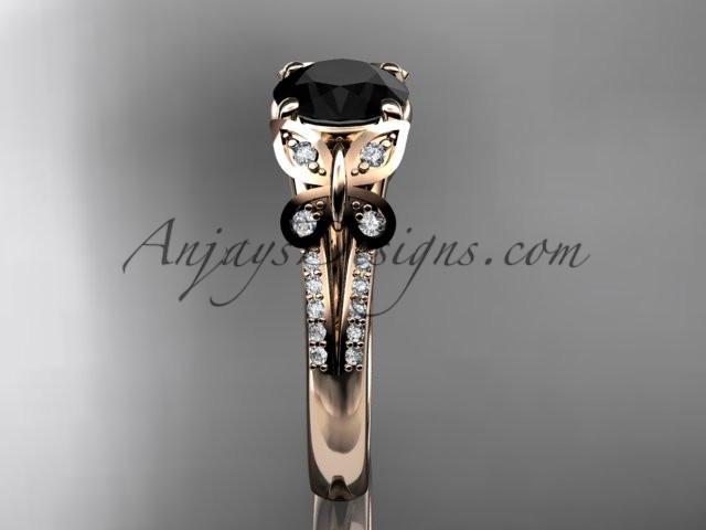 14kt rose gold diamond unique engagement ring, butterfly ring, wedding ring with a Black Diamond center stone ADLR514 - AnjaysDesigns
