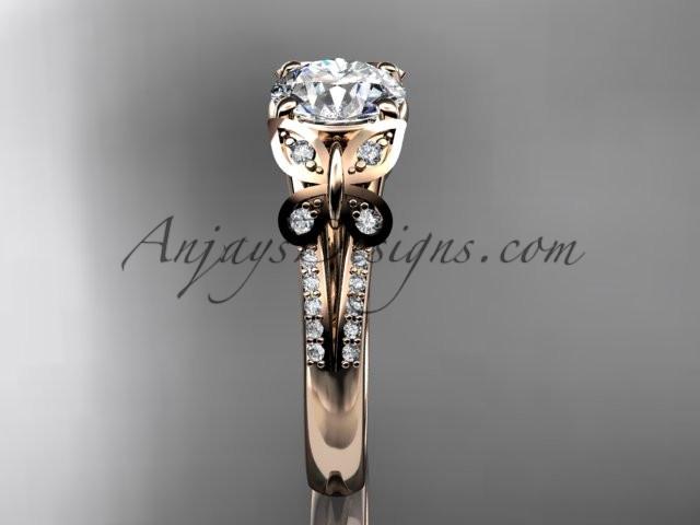 14kt rose gold diamond unique engagement ring, butterfly ring, wedding ring with a "Forever One" Moissanite center stone ADLR514 - AnjaysDesigns