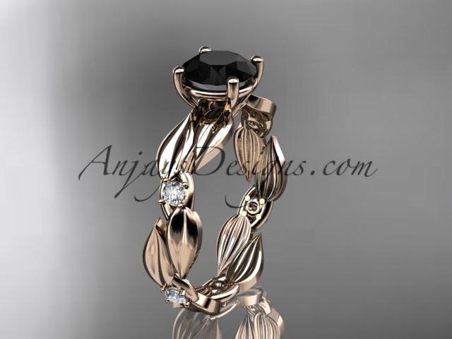 14kt rose gold diamond leaf and vine wedding ring, engagement ring with Black Diamond center stone ADLR58 - AnjaysDesigns