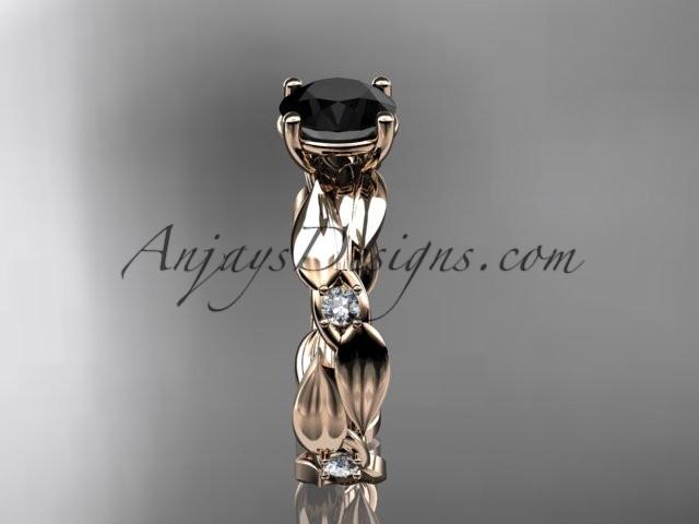 14kt rose gold diamond leaf and vine wedding ring, engagement ring with Black Diamond center stone ADLR58 - AnjaysDesigns
