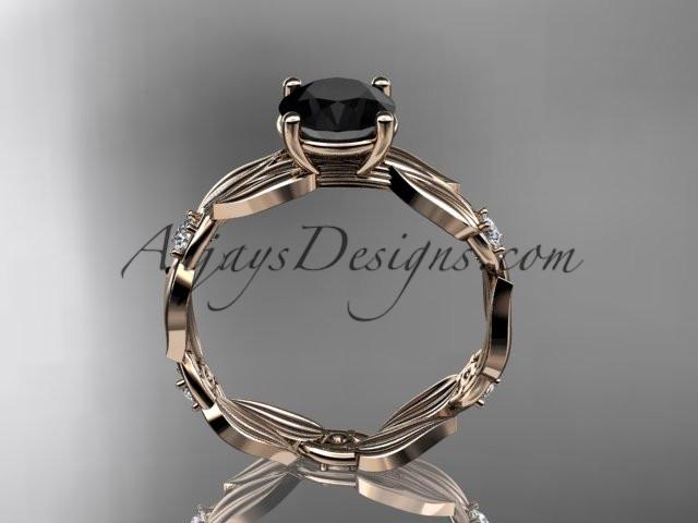 14kt rose gold diamond leaf and vine wedding ring, engagement ring with Black Diamond center stone ADLR58 - AnjaysDesigns