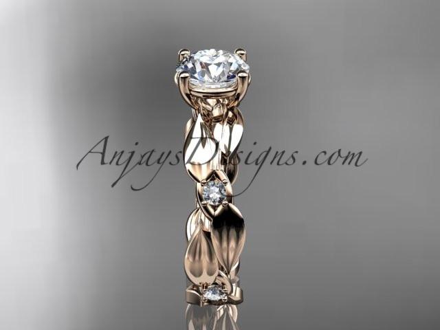 14kt rose gold diamond leaf and vine wedding ring, engagement ring with "Forever One" Moissanite center stone ADLR58 - AnjaysDesigns
