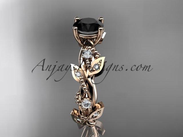 14kt rose gold diamond leaf and vine wedding ring, engagement ring with Black Diamond center stone ADLR59 - AnjaysDesigns