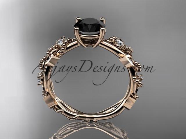 14kt rose gold diamond leaf and vine wedding ring, engagement ring with Black Diamond center stone ADLR59 - AnjaysDesigns