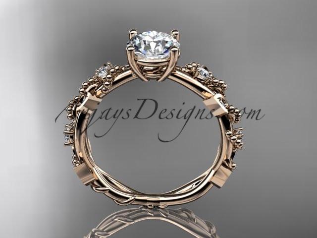 14kt rose gold diamond leaf and vine wedding ring, engagement ring with "Forever One" Moissanite center stone ADLR59 - AnjaysDesigns