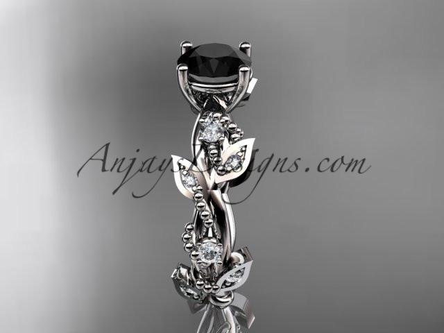 14kt white gold diamond leaf and vine wedding ring, engagement ring with Black Diamond center stone ADLR59 - AnjaysDesigns