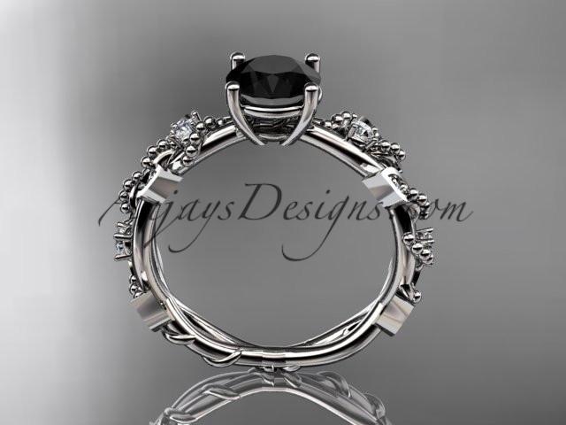 14kt white gold diamond leaf and vine wedding ring, engagement ring with Black Diamond center stone ADLR59 - AnjaysDesigns