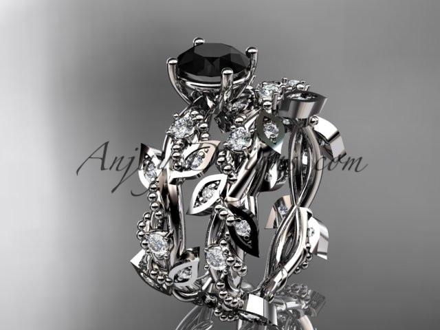 platinum diamond leaf and vine wedding ring, engagement set with Black Diamond center stone ADLR59S - AnjaysDesigns