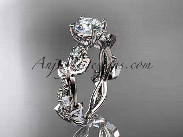 14kt white gold diamond leaf and vine wedding ring, engagement ring with "Forever One" Moissanite center stone ADLR59 - AnjaysDesigns