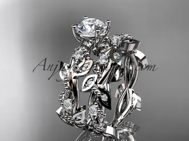 Platinum diamond leaf and vine wedding ring, engagement set with "Forever One" Moissanite center stone ADLR59S - AnjaysDesigns