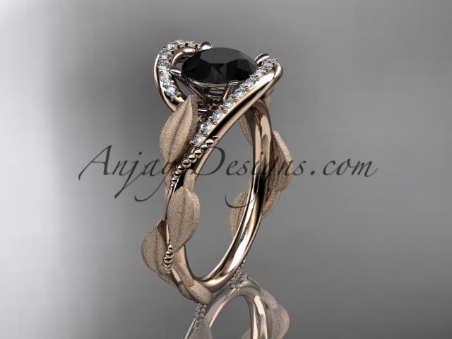 14kt rose gold diamond leaf and vine wedding ring, engagement ring with Black Diamond center stone ADLR64 - AnjaysDesigns