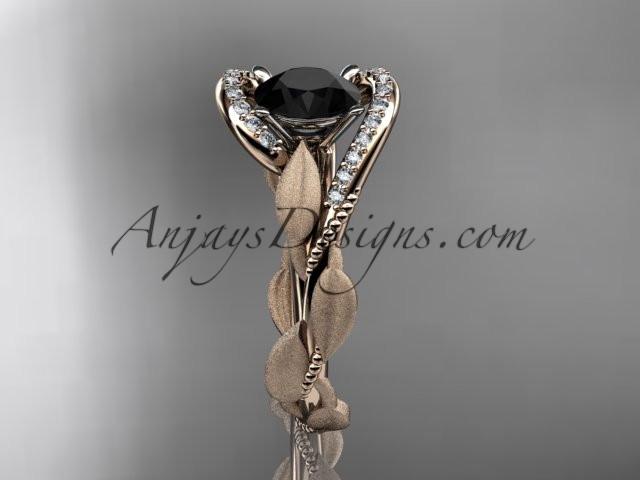 14kt rose gold diamond leaf and vine wedding ring, engagement ring with Black Diamond center stone ADLR64 - AnjaysDesigns