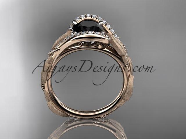 14kt rose gold diamond leaf and vine wedding ring, engagement ring with Black Diamond center stone ADLR64 - AnjaysDesigns