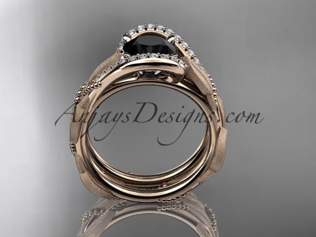 14kt rose gold diamond leaf and vine wedding ring, engagement set with a Black Diamond center stone ADLR64S - AnjaysDesigns