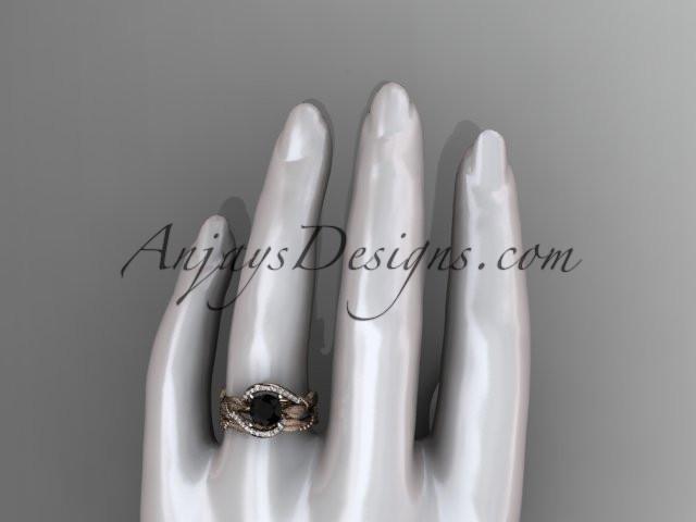 14kt rose gold diamond leaf and vine wedding ring, engagement set with a Black Diamond center stone ADLR64S - AnjaysDesigns