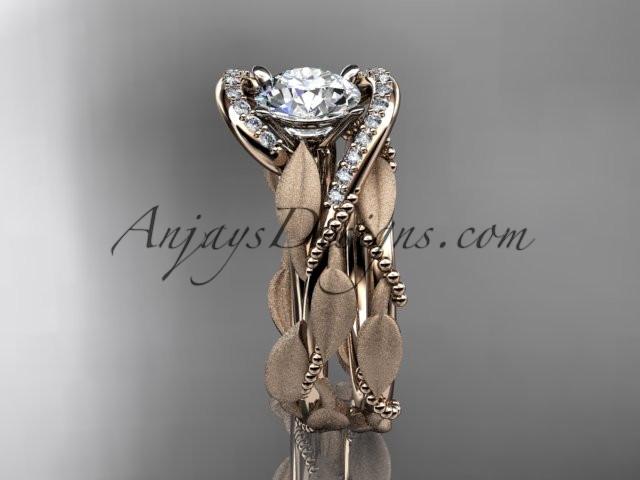 14kt rose gold diamond leaf and vine wedding ring, engagement set with a "Forever One" Moissanite center stone ADLR64S - AnjaysDesigns