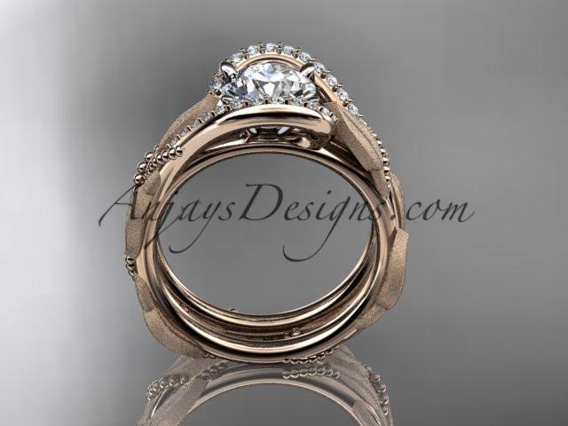 14kt rose gold diamond leaf and vine wedding ring, engagement set with a "Forever One" Moissanite center stone ADLR64S - AnjaysDesigns