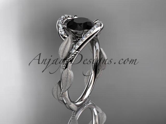 platinum diamond leaf and vine wedding ring, engagement ring with Black Diamond center stone ADLR64 - AnjaysDesigns