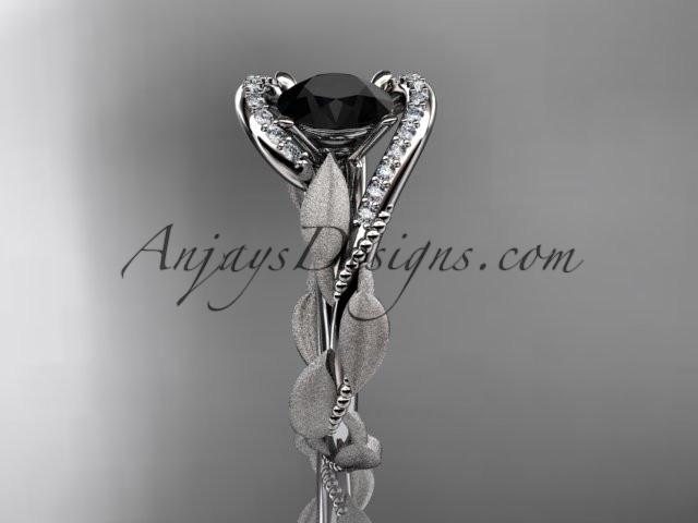 14kt white gold diamond leaf and vine wedding ring, engagement ring with Black Diamond center stone ADLR64 - AnjaysDesigns