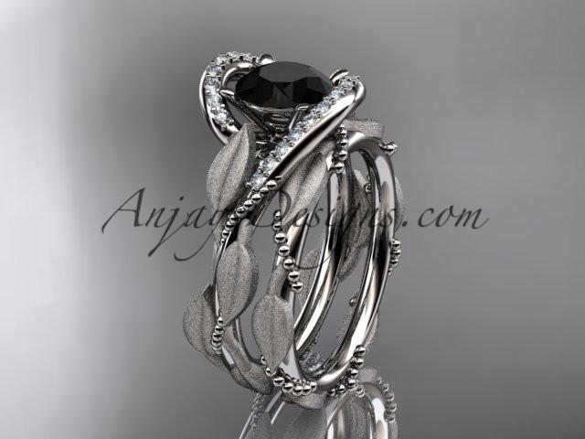 platinum diamond leaf and vine wedding ring, engagement set with a Black Diamond center stone ADLR64S - AnjaysDesigns