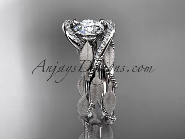 14kt white gold diamond leaf and vine wedding ring, engagement set with a "Forever One" Moissanite center stone ADLR64S - AnjaysDesigns