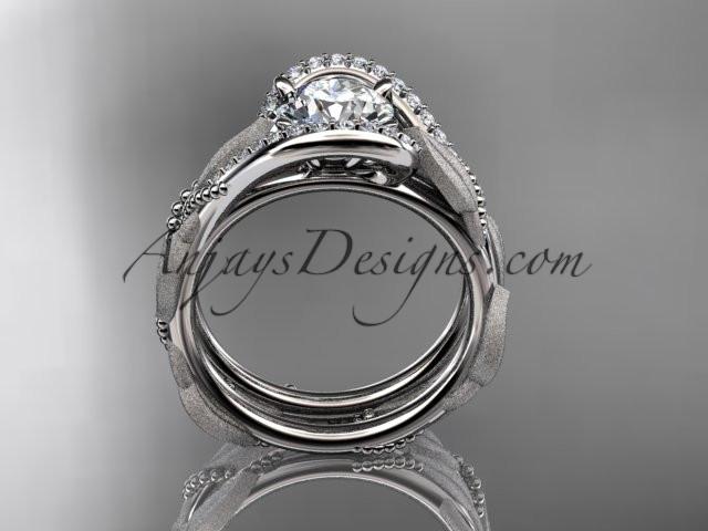 platinum diamond leaf and vine wedding ring, engagement set with a "Forever One" Moissanite center stone ADLR64S - AnjaysDesigns