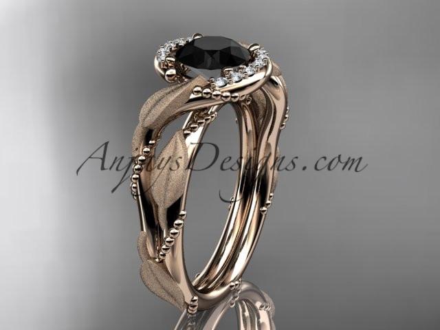 14kt rose gold diamond leaf and vine wedding ring, engagement ring with Black Diamond center stone ADLR65 - AnjaysDesigns