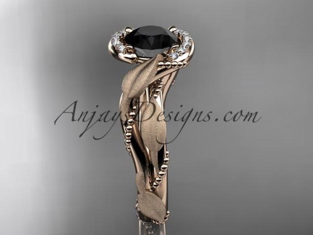 14kt rose gold diamond leaf and vine wedding ring, engagement ring with Black Diamond center stone ADLR65 - AnjaysDesigns