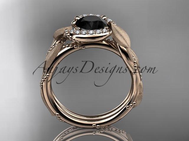 14kt rose gold diamond leaf and vine wedding ring, engagement ring with Black Diamond center stone ADLR65 - AnjaysDesigns