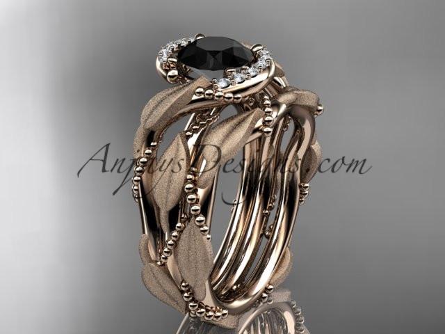 14kt rose gold diamond leaf and vine wedding ring, engagement set with a Black Diamond center stone ADLR65S - AnjaysDesigns