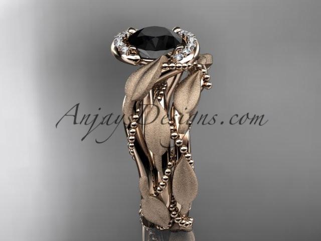 14kt rose gold diamond leaf and vine wedding ring, engagement set with a Black Diamond center stone ADLR65S - AnjaysDesigns