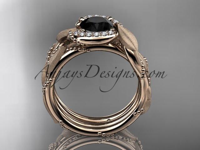 14kt rose gold diamond leaf and vine wedding ring, engagement set with a Black Diamond center stone ADLR65S - AnjaysDesigns