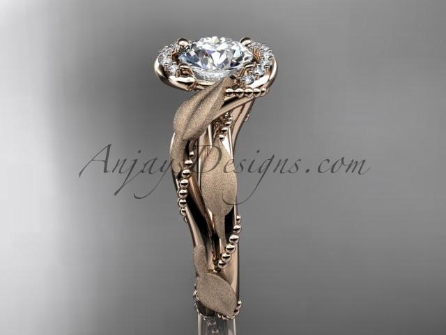 14kt rose gold diamond leaf and vine wedding ring, engagement ring with "Forever One" Moissanite center stone ADLR65 - AnjaysDesigns