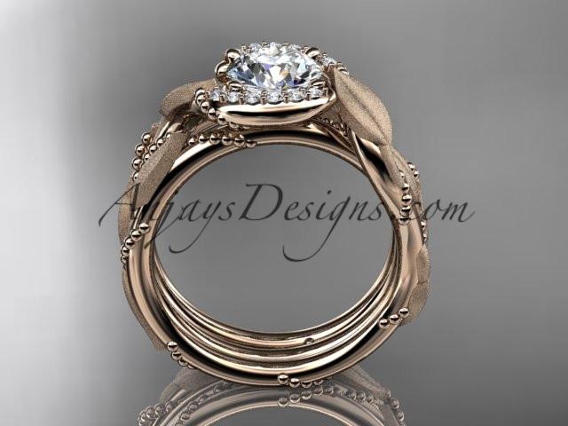 14kt rose gold diamond leaf and vine wedding ring, engagement set with a "Forever One" Moissanite center stone ADLR65S - AnjaysDesigns