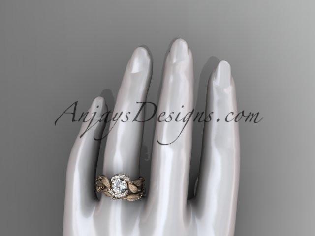 14kt rose gold diamond leaf and vine wedding ring, engagement set with a "Forever One" Moissanite center stone ADLR65S - AnjaysDesigns