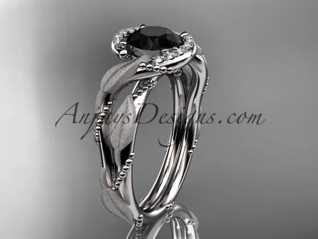 platinum diamond leaf and vine wedding ring, engagement ring with Black Diamond center stone ADLR65 - AnjaysDesigns