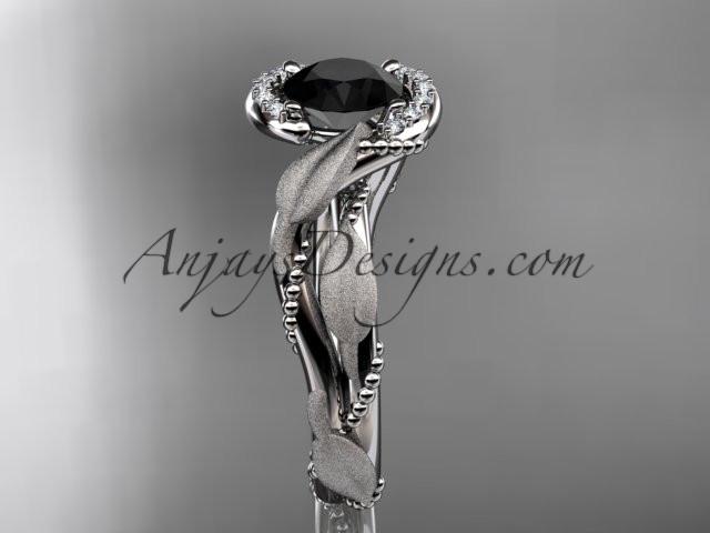14kt white gold diamond leaf and vine wedding ring, engagement ring with Black Diamond center stone ADLR65 - AnjaysDesigns