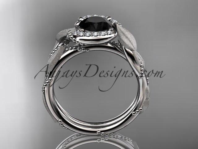 14kt white gold diamond leaf and vine wedding ring, engagement ring with Black Diamond center stone ADLR65 - AnjaysDesigns