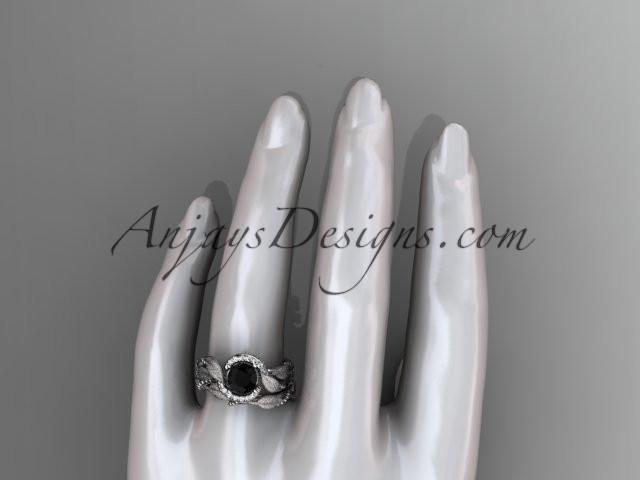 14kt white gold diamond leaf and vine wedding ring, engagement set with a Black Diamond center stone ADLR65S - AnjaysDesigns