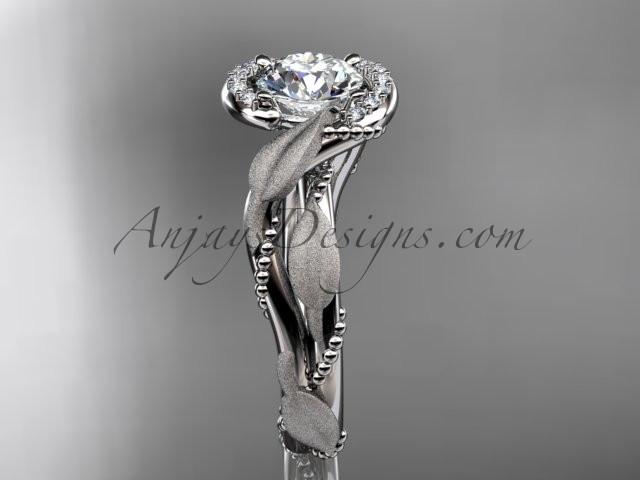 14kt white gold diamond leaf and vine wedding ring, engagement ring with "Forever One" Moissanite center stone ADLR65 - AnjaysDesigns